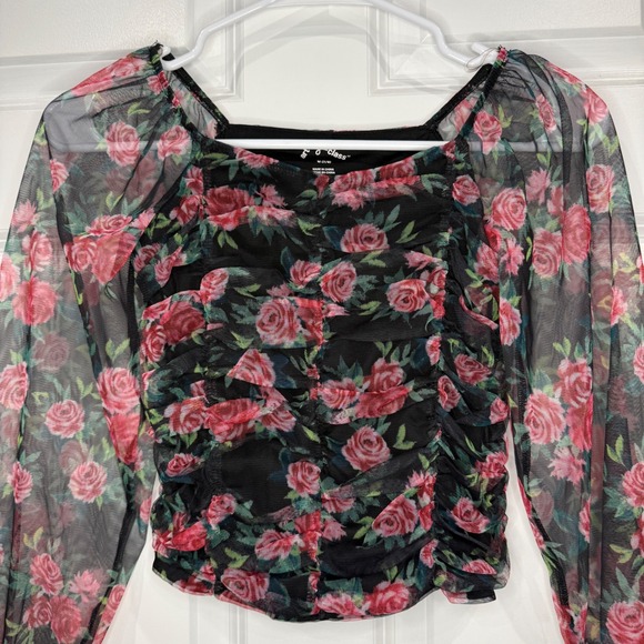 Art Class Girls Black Floral Mesh Ruched Long Sleeve Top Size M 7/8 - Picture 2 of 6